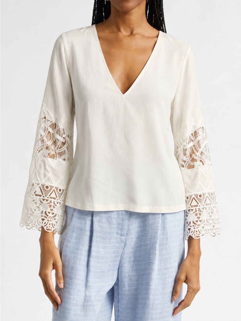 Ramy Brook Ivory Lace Sleeve V-Neck Blouse – Size M